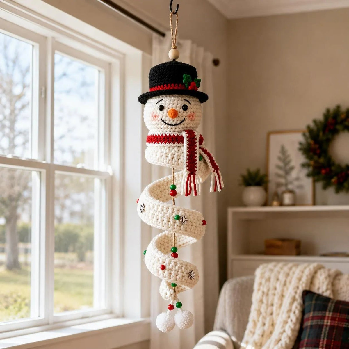 ☃️Crochet Snowman Spiral Ornament DIY Kit | Complete Beginner-Friendly Set with Soft Yarn, Crochet Hook, Festive Beads, Snowflakes & Step-by-Step Guide 🧶🎄✨