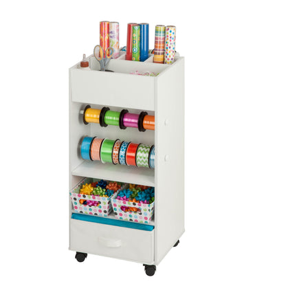 White Gift Wrap or Craft Storage Cart with Fabric Bin