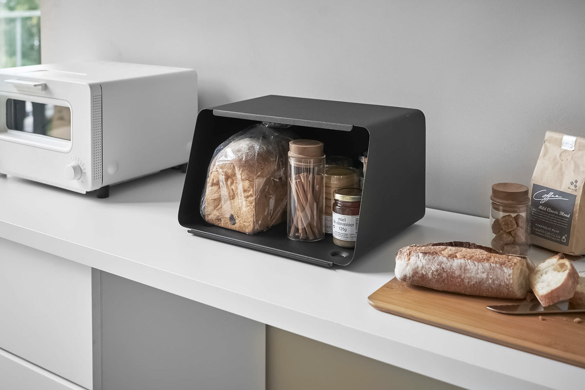 Bread Box with Cutting Board Lid - Steel + Bamboo