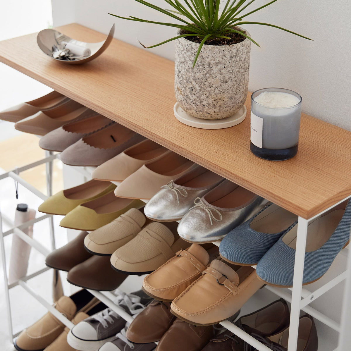 Rolling Five-Tier Shoe Rack (34.25" H)  - Steel + Wood