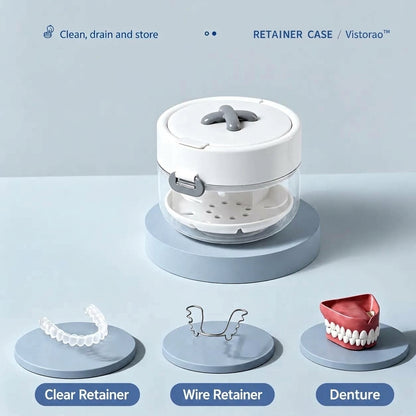 4-in-1 Retainer Cleaning & Travel Case – Soaking Container with Drain Tray, Mirror & Brush for Aligners, Dentures & Mouthguards 🦷
