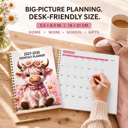 🔥 PLAN AHEAD & SAVE! — 2027–2030 Highland Cow Monthly Planner 🐮📅 | 4-Year Spiral Calendar