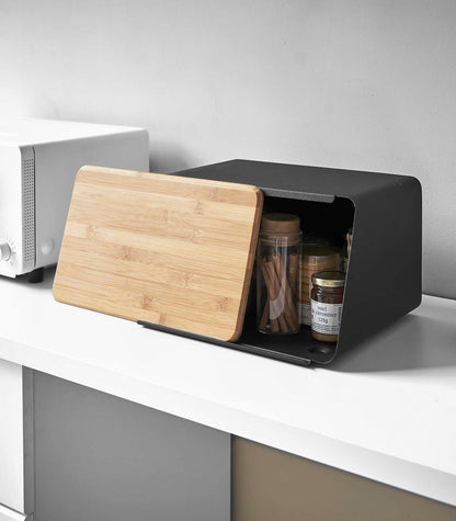 Bread Box with Cutting Board Lid - Steel + Bamboo