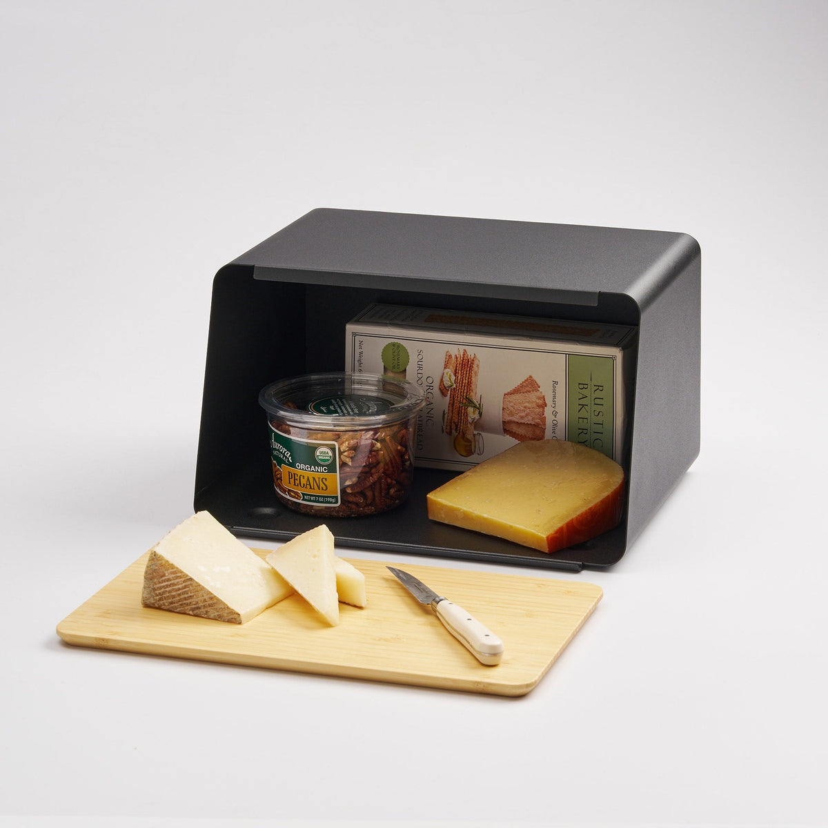 Bread Box with Cutting Board Lid - Steel + Bamboo