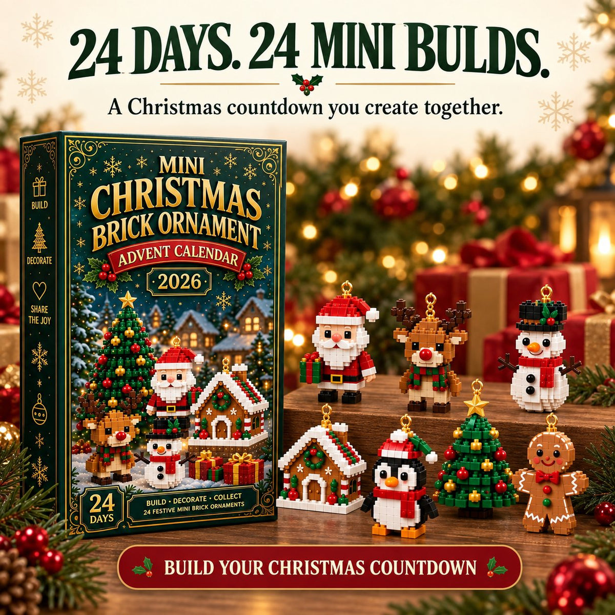 ⏳ Last day to save 49% – 🎄 24-Day Mini Christmas Ornament Advent Calendar | 24 unique festive buildable designs with hanging loops—perfect for decorating Christmas trees, wreaths, and holiday displays 🧱⏳