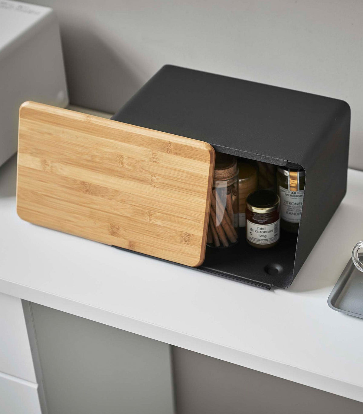 Bread Box with Cutting Board Lid - Steel + Bamboo