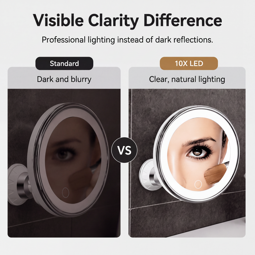 ✨OFF 50% TODAY🔍10X LED Magnifying Makeup Mirror – Drill-Free Suction & Dual Power