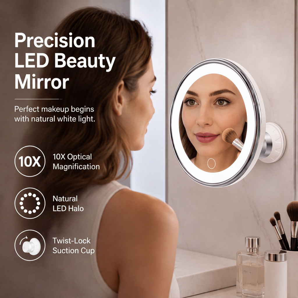 ✨OFF 50% TODAY🔍10X LED Magnifying Makeup Mirror – Drill-Free Suction & Dual Power