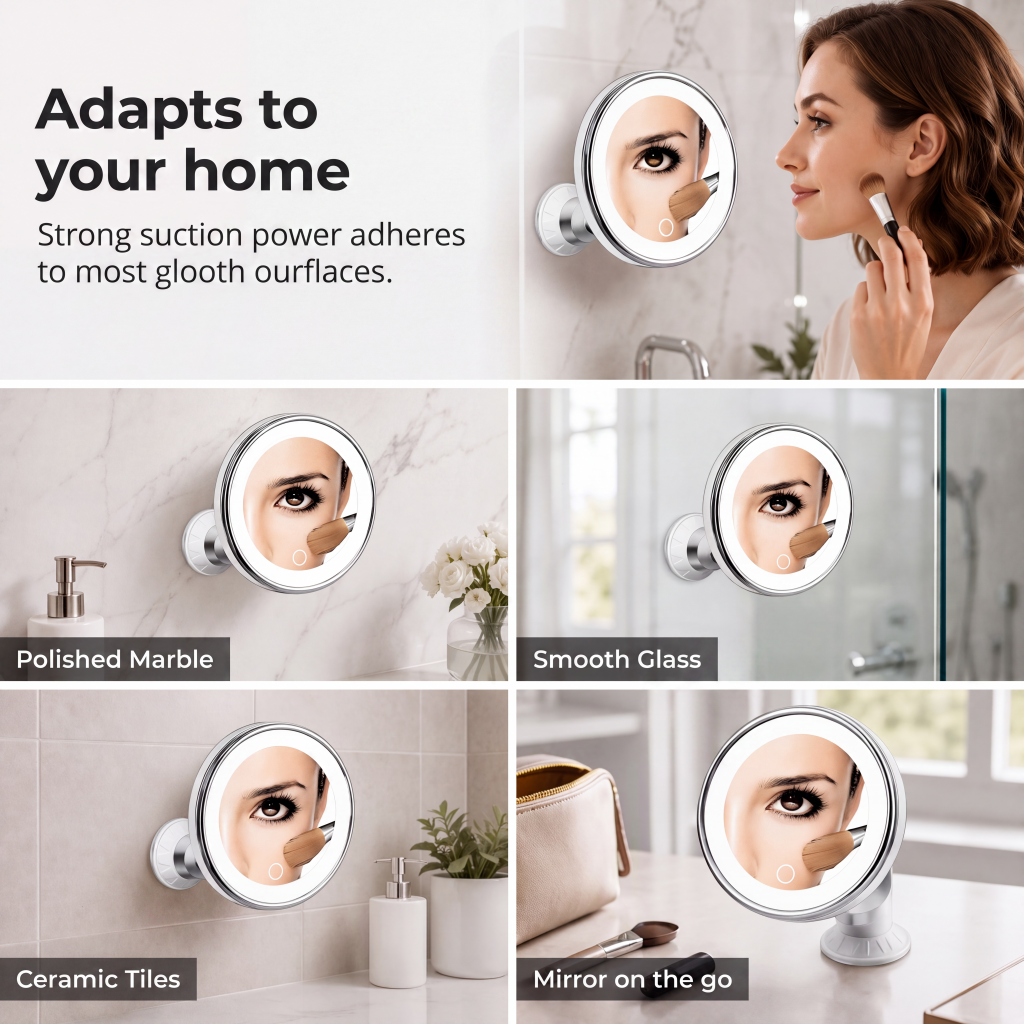 ✨OFF 50% TODAY🔍10X LED Magnifying Makeup Mirror – Drill-Free Suction & Dual Power