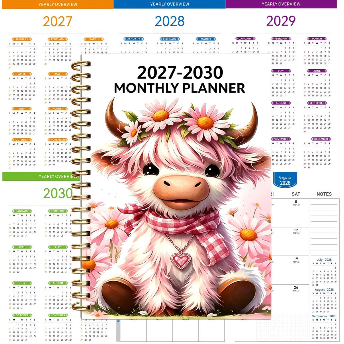 🔥 PLAN AHEAD & SAVE! — 2027–2030 Highland Cow Monthly Planner 🐮📅 | 4-Year Spiral Calendar