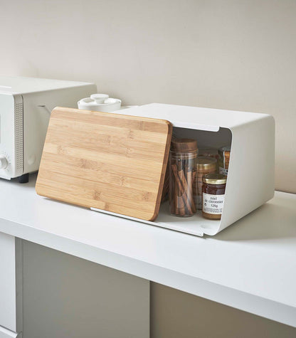 Bread Box with Cutting Board Lid - Steel + Bamboo